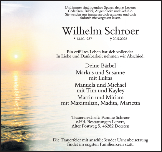Traueranzeige von Wilhelm Schroer von Ruhr Nachrichten und Dorstener Zeitung