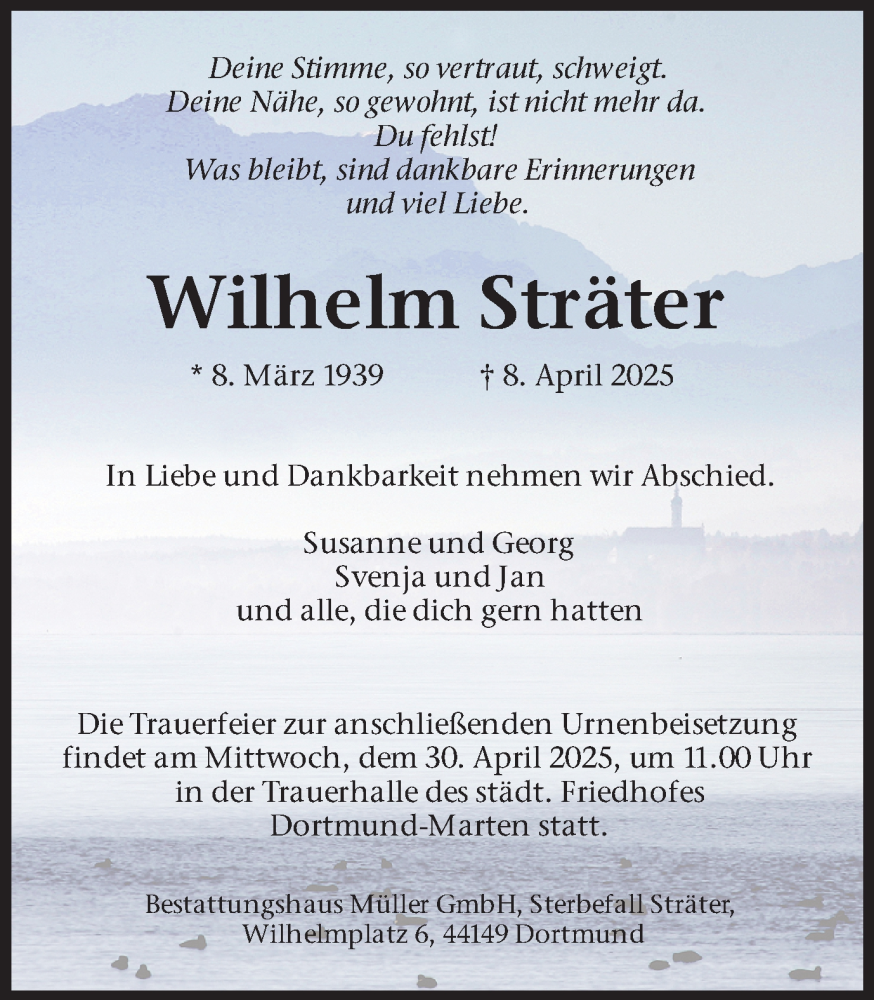  Traueranzeige für Wilhelm Sträter vom 19.04.2025 aus Ruhr Nachrichten