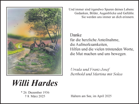 Traueranzeige von Willi Hardes von Ruhr Nachrichten und Halterner Zeitung