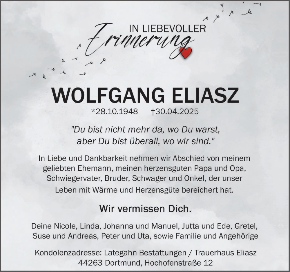  Traueranzeige für Wolfgang Eliasz vom 17.05.2025 aus Ruhr Nachrichten