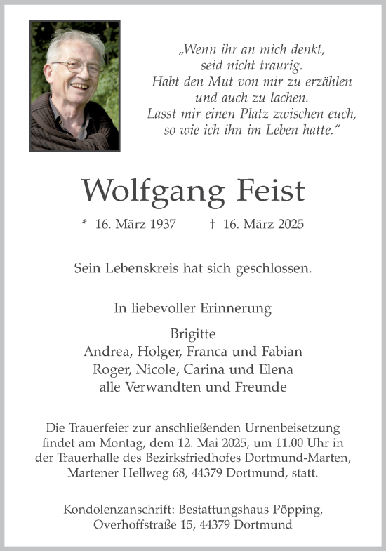 Traueranzeige von Wolfgang Feist von Ruhr Nachrichten