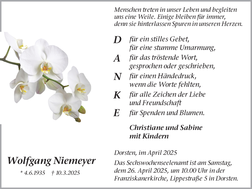  Traueranzeige für Wolfgang Niemeyer vom 19.04.2025 aus Ruhr Nachrichten und Dorstener Zeitung