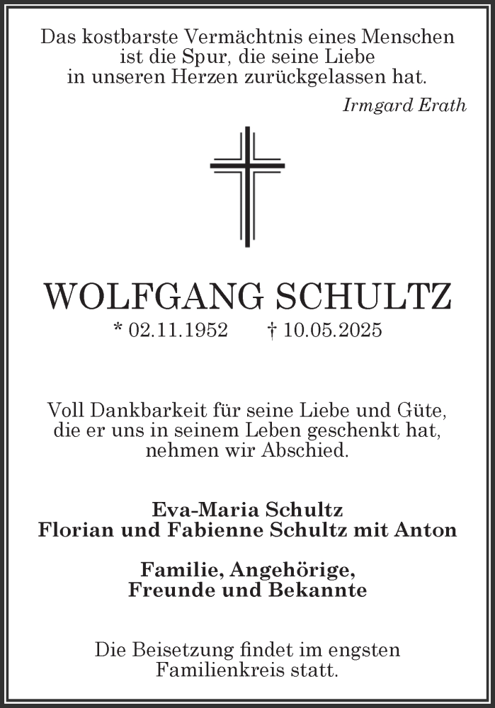  Traueranzeige für Wolfgang Schultz vom 17.05.2025 aus Ruhr Nachrichten und Dorstener Zeitung