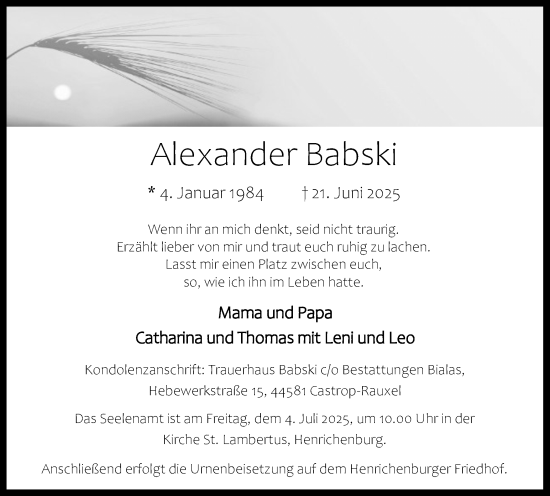 Traueranzeige von Alexander Babski von Stadtanzeiger Castrop-Rauxel