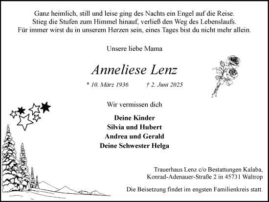 Traueranzeige von Anneliese Lenz von Trauer Vest