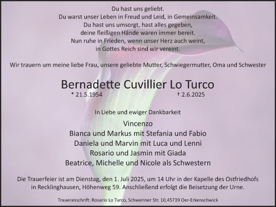 Traueranzeige von Bernadette Cuvillier Lo Turco von Trauer Vest