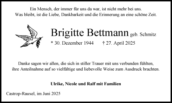 Traueranzeige von Brigitte Bettmann von Stadtanzeiger Castrop-Rauxel