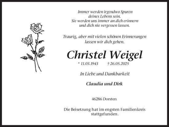 Traueranzeige von Christel Weigel von Ruhr Nachrichten und Dorstener Zeitung