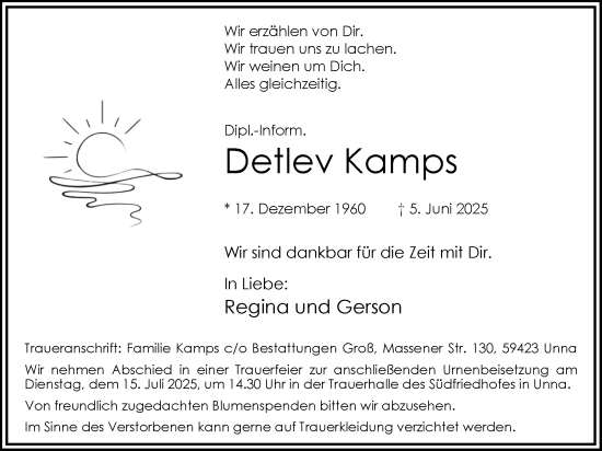 Traueranzeige von Detlev Kamps von Hellweger Anzeiger
