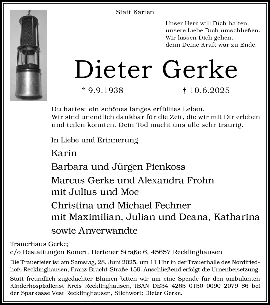  Traueranzeige für Dieter Gerke vom 21.06.2025 aus Trauer Vest