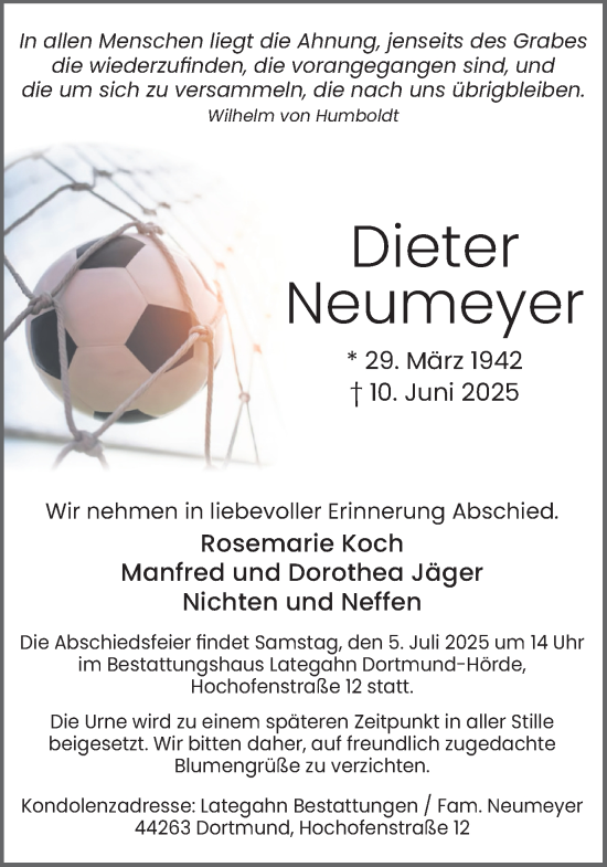 Traueranzeige von Dieter Neumeyer von Ruhr Nachrichten
