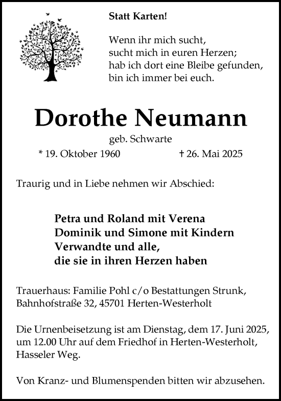 Traueranzeige von Dorothe Neumann von Trauer Vest