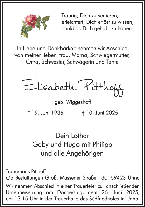 Traueranzeige von Elisabeth Pitthoff von Hellweger Anzeiger