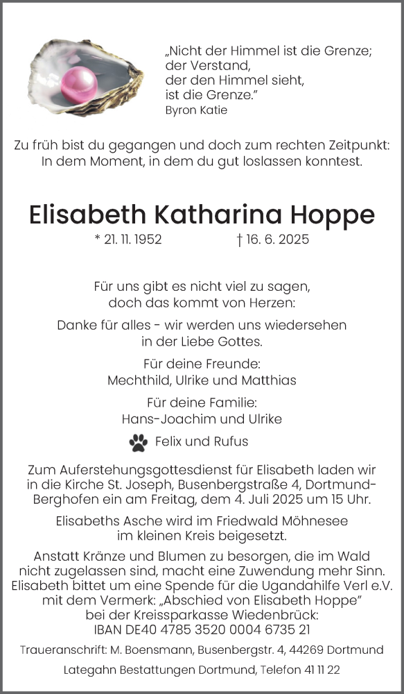  Traueranzeige für Elisabeth Katharina Hoppe vom 21.06.2025 aus Ruhr Nachrichten