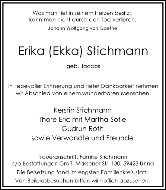 Traueranzeige von Erika Stichmann von Hellweger Anzeiger