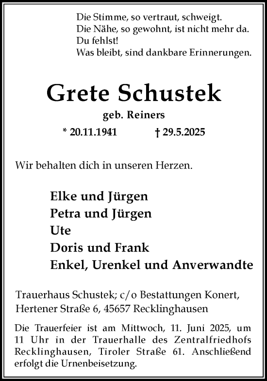 Traueranzeige von Grete Schustek von Trauer Vest