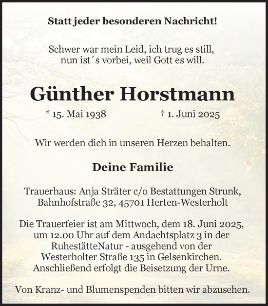 Traueranzeige von Günther Horstmann von Trauer Vest