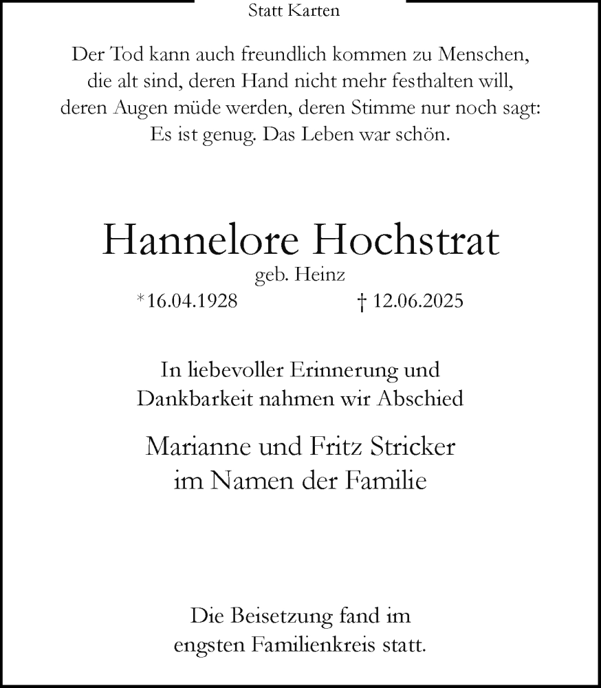  Traueranzeige für Hannelore Hochstrat vom 25.06.2025 aus Ruhr Nachrichten und Dorstener Zeitung