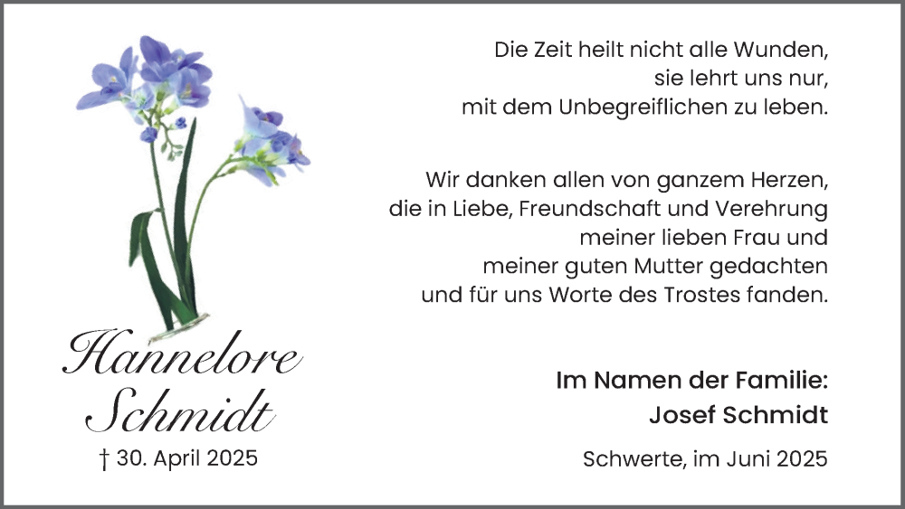  Traueranzeige für Hannelore Schmidt vom 28.06.2025 aus Ruhr Nachrichten