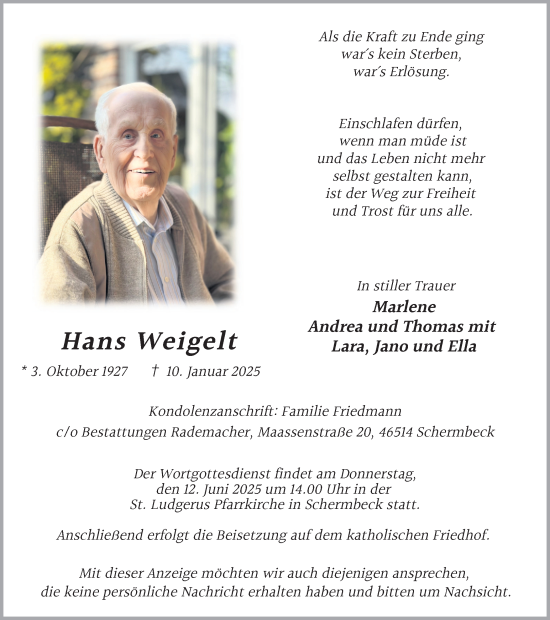 Traueranzeige von Hans Weigelt von Ruhr Nachrichten und Dorstener Zeitung