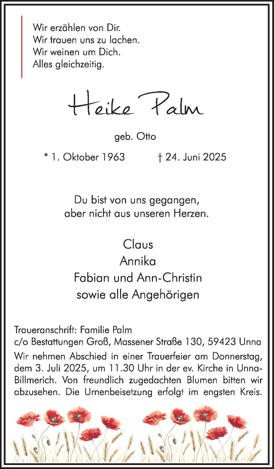 Traueranzeige von Heike Palm von Hellweger Anzeiger