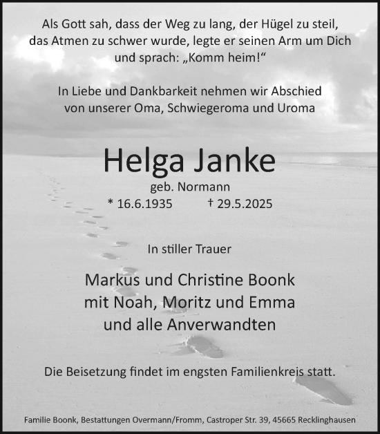 Traueranzeige von Helga Janke von Stadtanzeiger Castrop-Rauxel