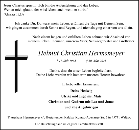 Traueranzeige von Helmut Christian Hermsmeyer von Trauer Vest