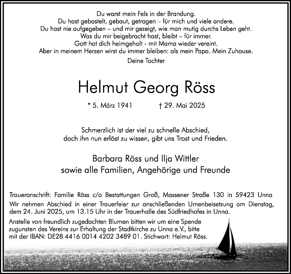  Traueranzeige für Helmut Georg Röss vom 07.06.2025 aus Hellweger Anzeiger