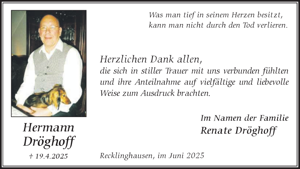  Traueranzeige für Hermann Dröghoff vom 07.06.2025 aus Trauer Vest