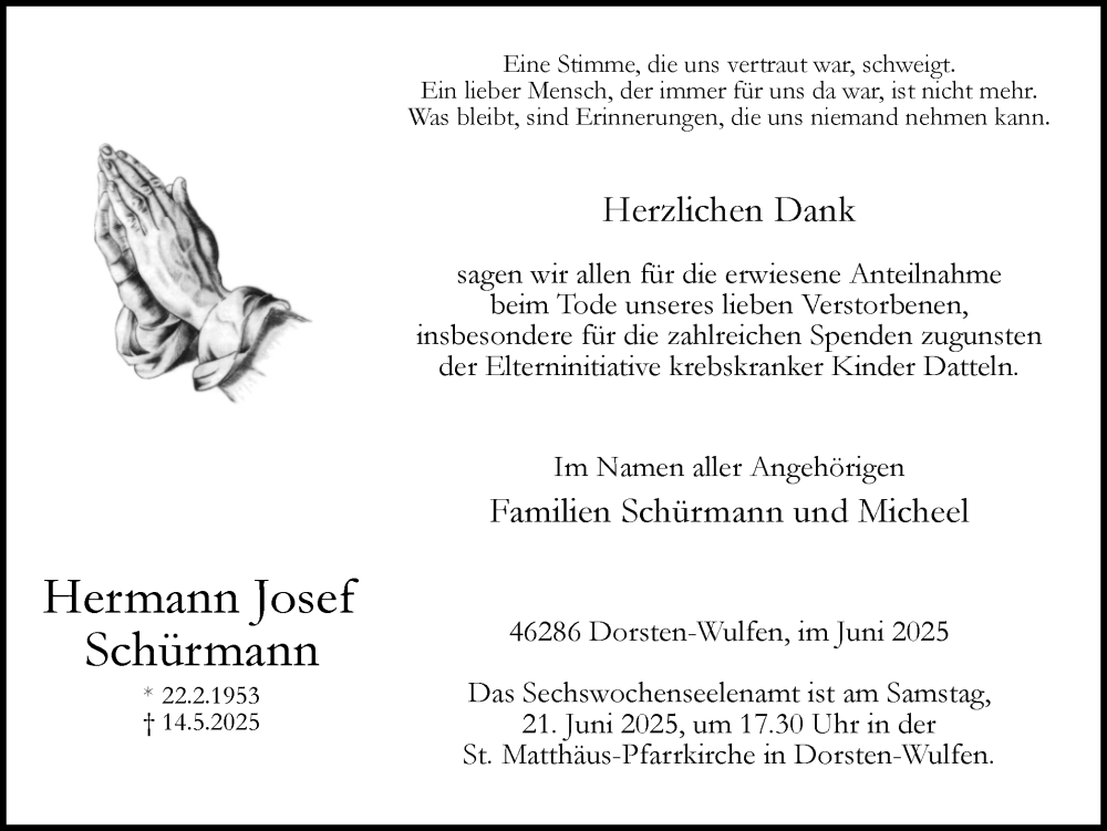 Traueranzeige für Hermann Josef Schürmann vom 18.06.2025 aus Ruhr Nachrichten und Dorstener Zeitung