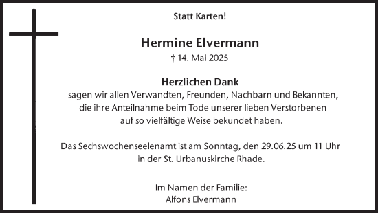 Traueranzeige von Hermine Elvermann von Ruhr Nachrichten und Dorstener Zeitung