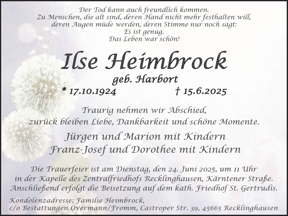  Traueranzeige für Ilse Heimbrock vom 21.06.2025 aus Trauer Vest
