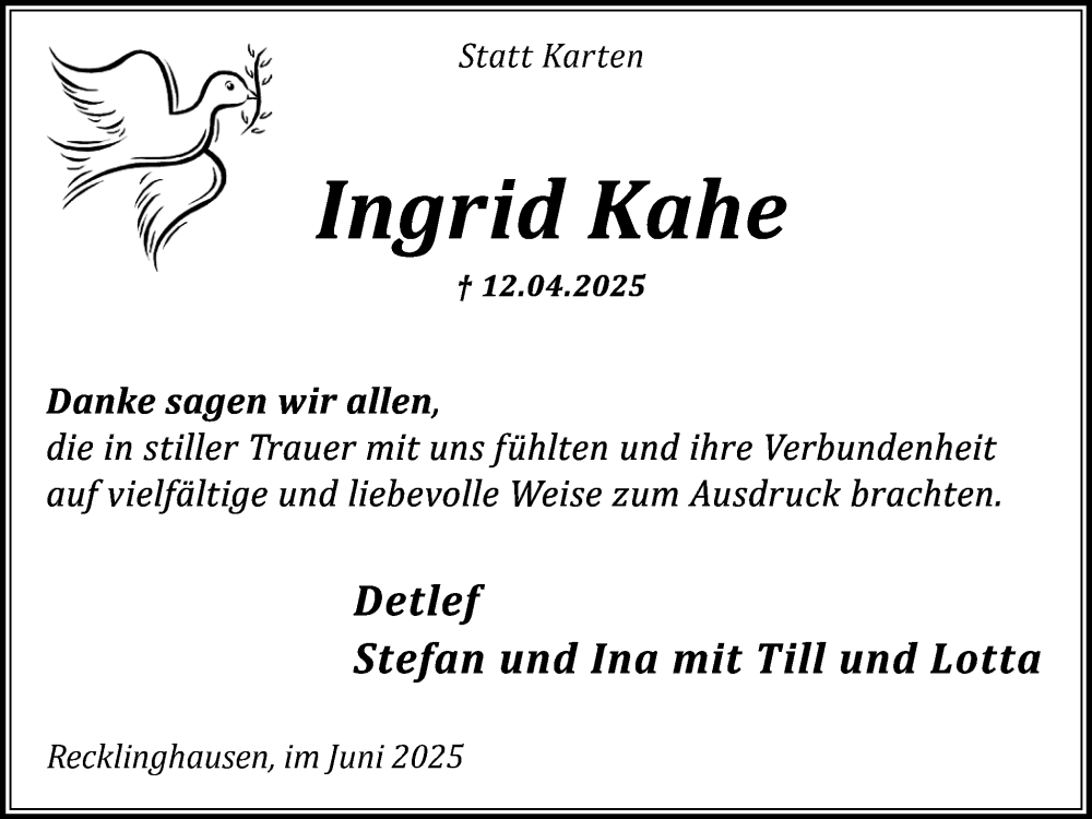  Traueranzeige für Ingrid Kahe vom 07.06.2025 aus Trauer Vest