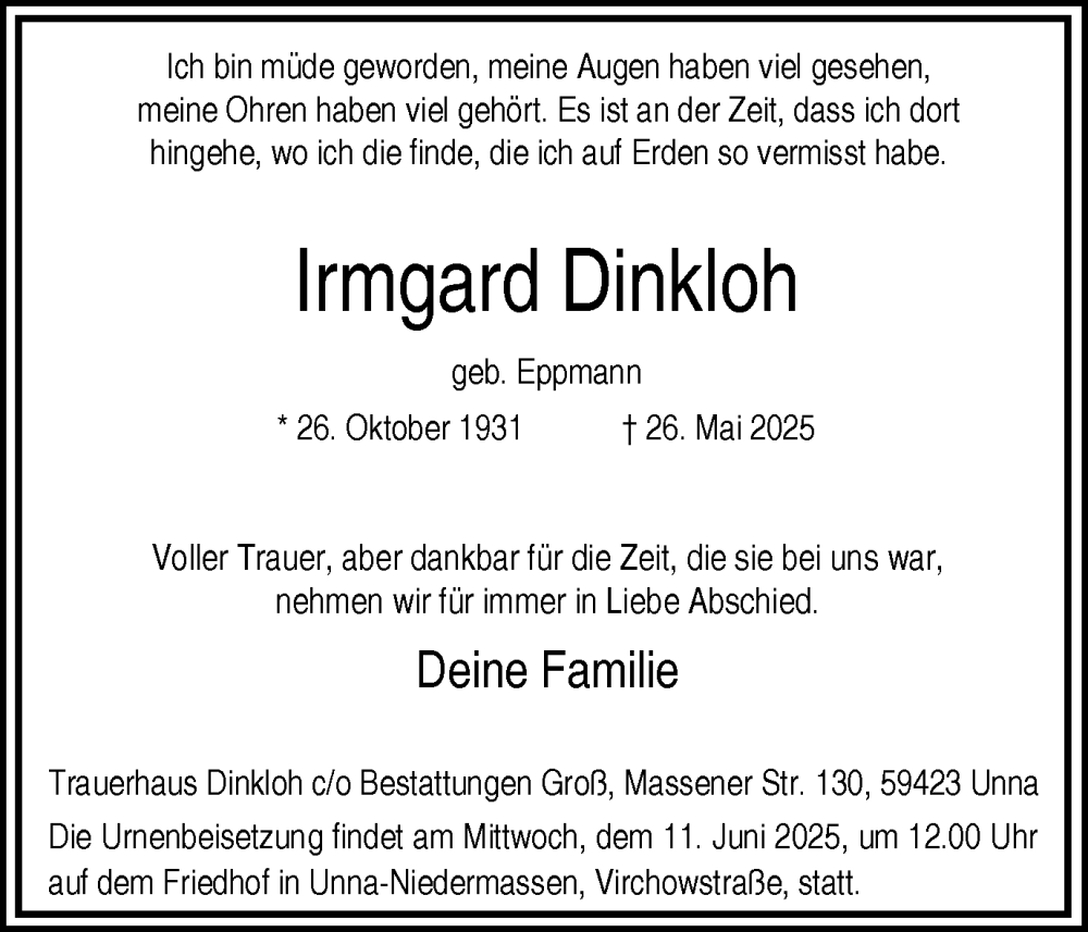  Traueranzeige für Irmgard Dinkloh vom 07.06.2025 aus Hellweger Anzeiger