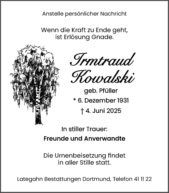 Traueranzeige von Irmtraud Kowalski von Ruhr Nachrichten