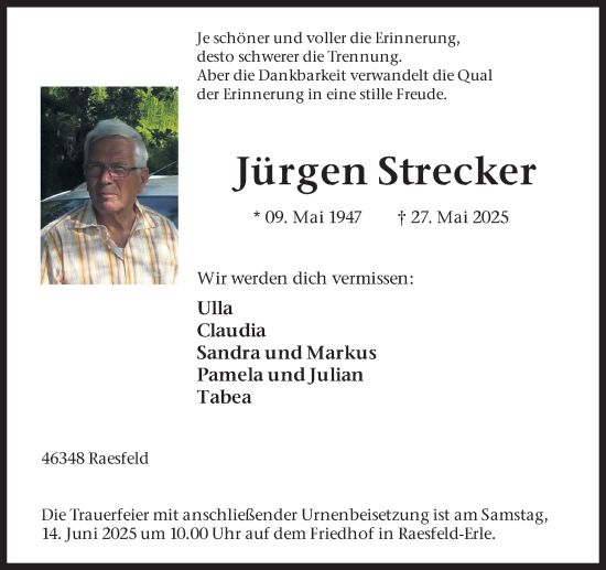 Traueranzeige von Jürgen Strecker von Ruhr Nachrichten und Dorstener Zeitung