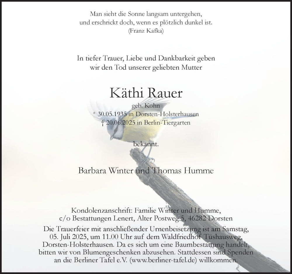  Traueranzeige für Käthi Rauer vom 01.07.2025 aus Ruhr Nachrichten und Dorstener Zeitung