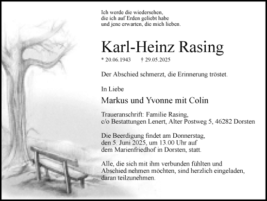 Traueranzeige von Karl-Heinz Rasing von Ruhr Nachrichten und Dorstener Zeitung