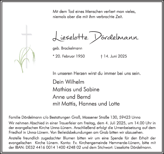 Traueranzeige von Lieselotte Dördelmann von Hellweger Anzeiger