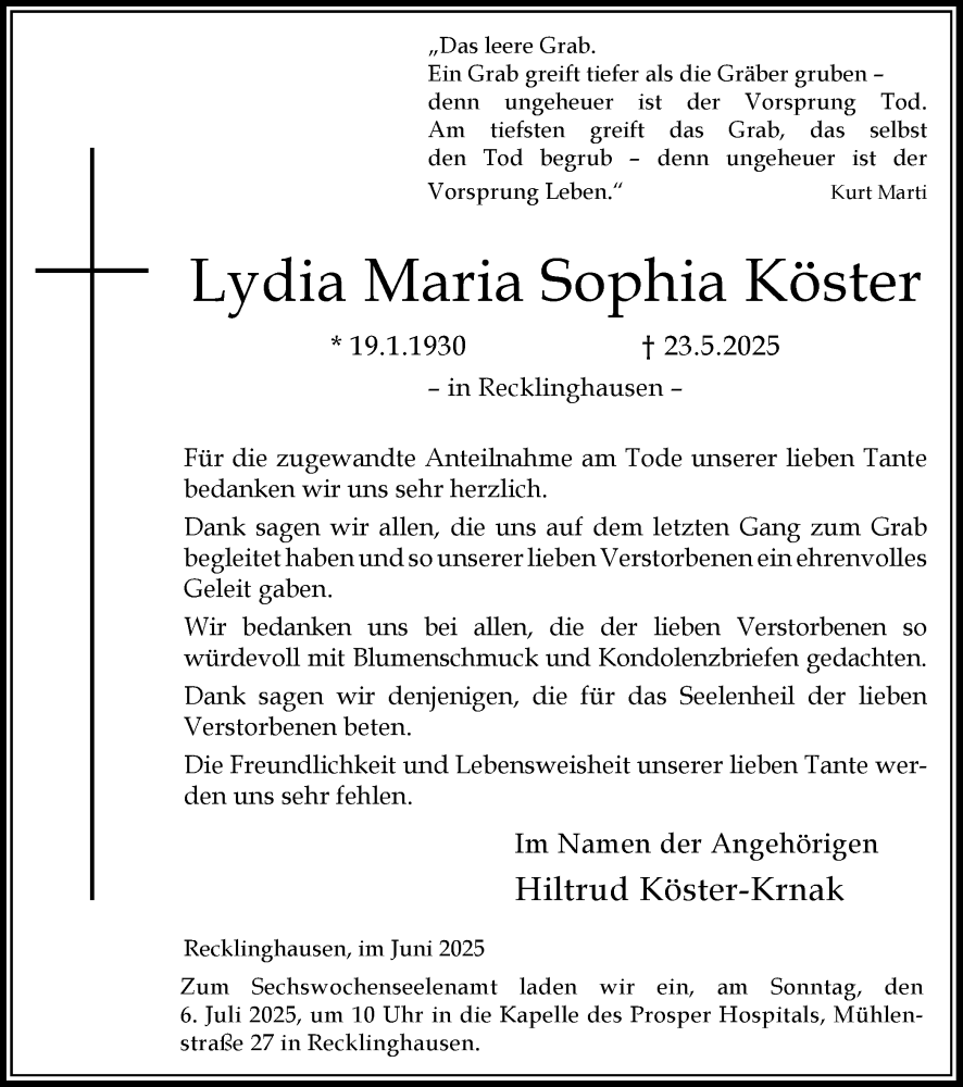  Traueranzeige für Lydia Maria Sophia Köster vom 28.06.2025 aus Trauer Vest