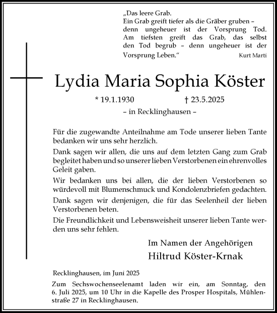 Traueranzeige von Lydia Maria Sophia Köster von Trauer Vest