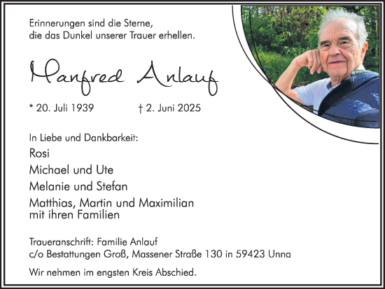 Traueranzeige von Manfred Anlauf von Hellweger Anzeiger