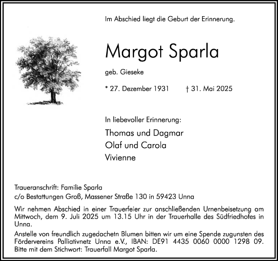 Traueranzeige von Margot Sparla von Hellweger Anzeiger