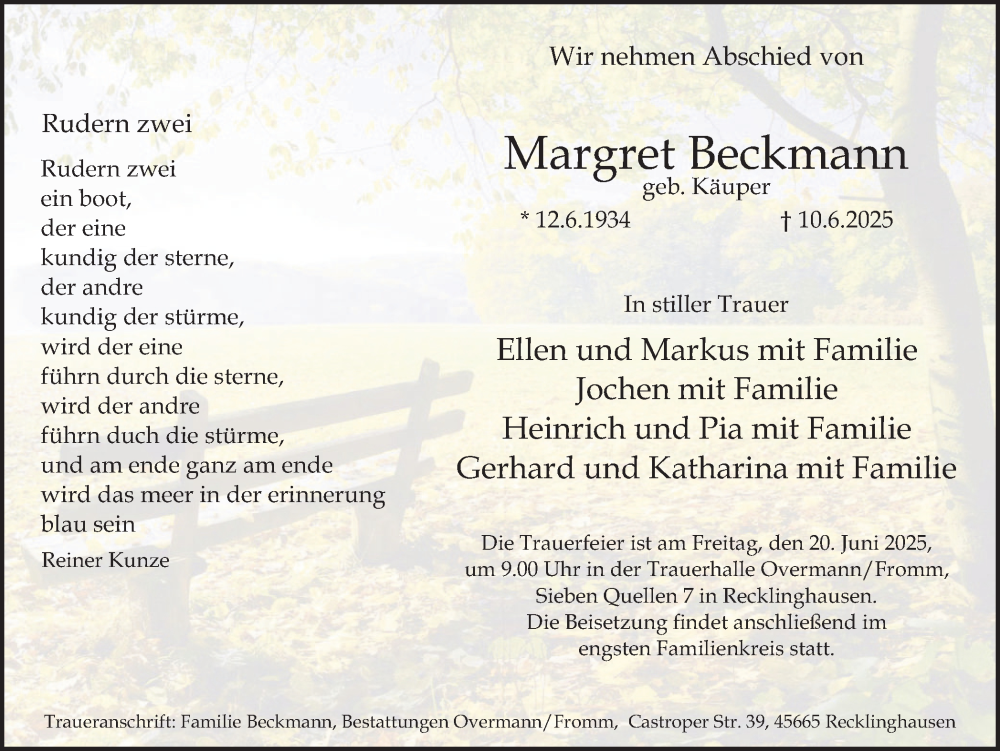  Traueranzeige für Margret Beckmann vom 14.06.2025 aus Trauer Vest