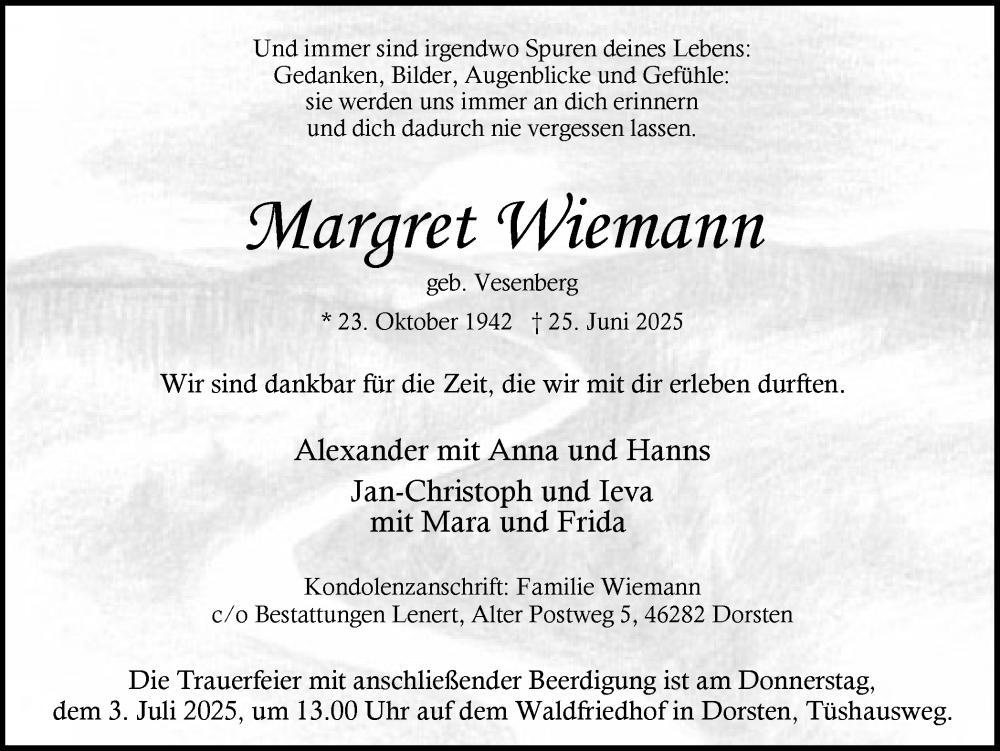  Traueranzeige für Margret Wiemann vom 28.06.2025 aus Ruhr Nachrichten und Dorstener Zeitung