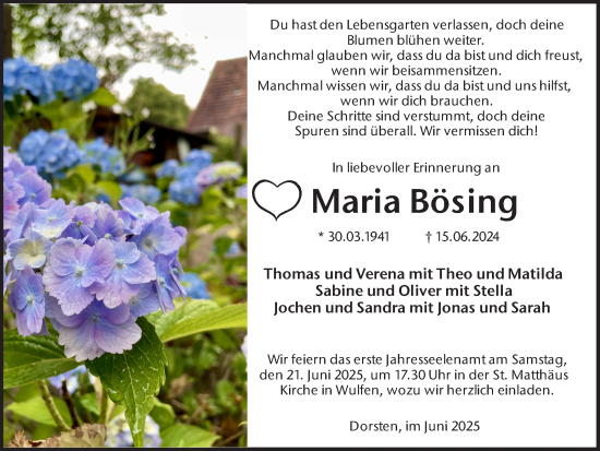 Traueranzeige von Maria Bösing von Ruhr Nachrichten und Dorstener Zeitung