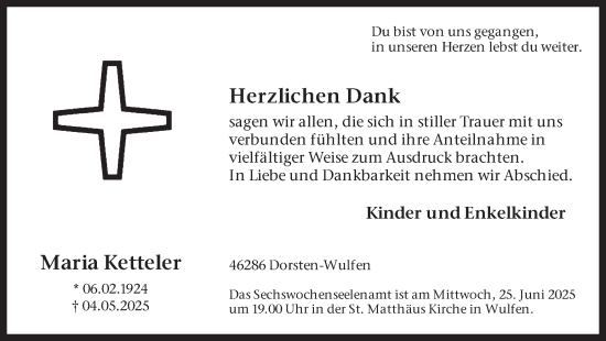 Traueranzeige von Maria Ketteler von Ruhr Nachrichten und Dorstener Zeitung