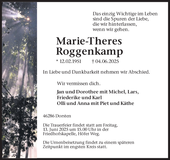 Traueranzeige von Marie-Theres Roggenkamp von Ruhr Nachrichten und Dorstener Zeitung
