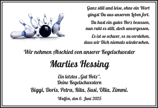 Traueranzeige von Marlies Hessing von Ruhr Nachrichten und Dorstener Zeitung