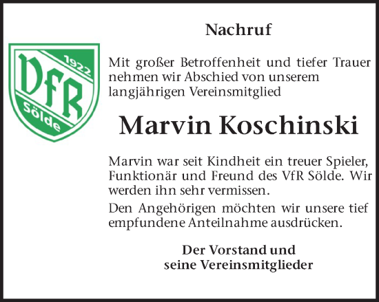 Traueranzeige von Marvin Koschinski von Ruhr Nachrichten
